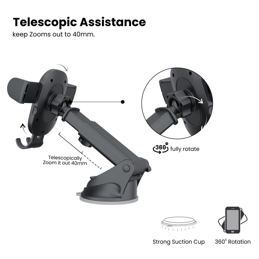 Portronics Clamp M2 Adjustable Car Mobile Phone Holder Stand with 360° Rotation, Strong Suction Cup for Dashboard & Windshield, One-Touch Lock, Fits 4 to 6-Inch Smartphones – (Black)