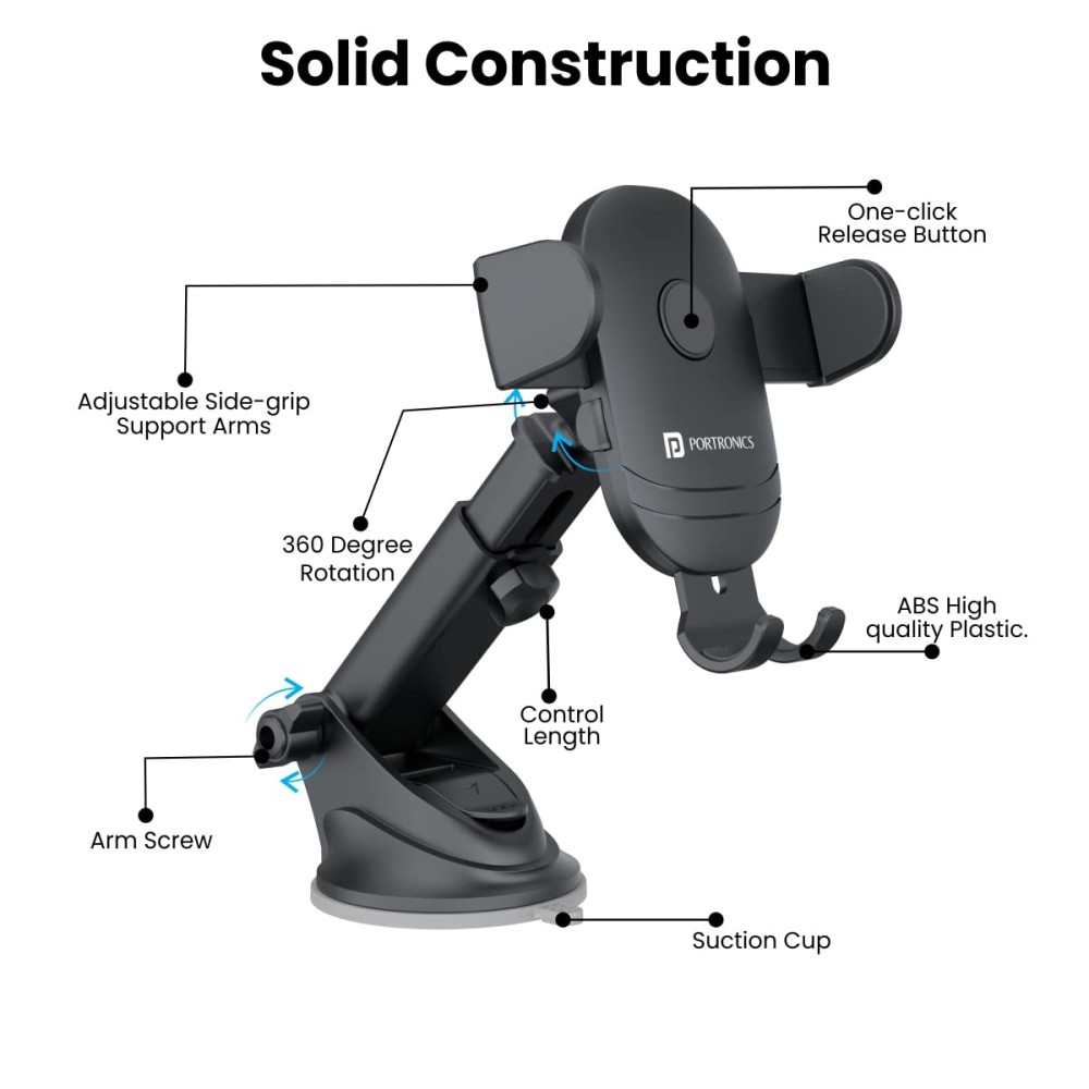 Portronics Clamp M2 Adjustable Car Mobile Phone Holder Stand with 360° Rotation, Strong Suction Cup for Dashboard & Windshield, One-Touch Lock, Fits 4 to 6-Inch Smartphones – (Black)