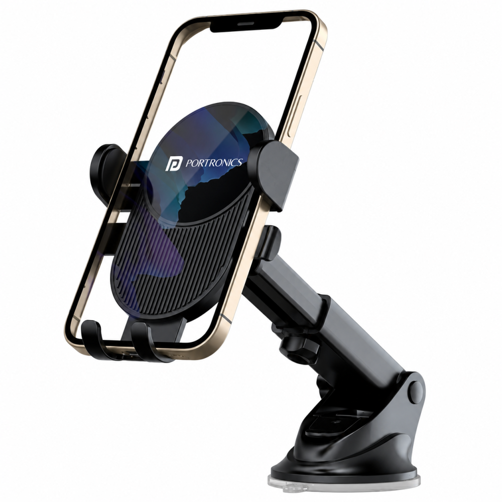 Portronics Clamp M3 Adjustable Car Mobile Phone Holder Stand with 360° Rotation, Strong Suction Cup for Dashboard & Windshield, Universal Fit for 4-6 Inch Smartphones - (Black)