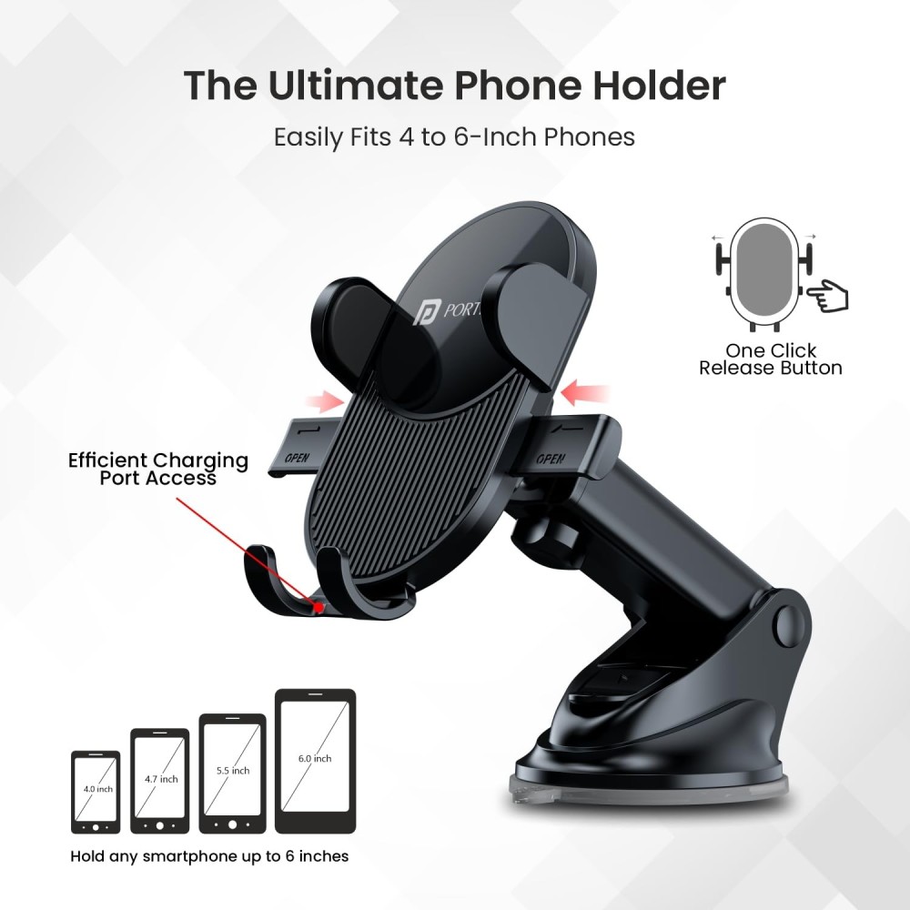 Portronics Clamp M3 Adjustable Car Mobile Phone Holder Stand with 360° Rotation, Strong Suction Cup for Dashboard & Windshield, Universal Fit for 4-6 Inch Smartphones - (Black)