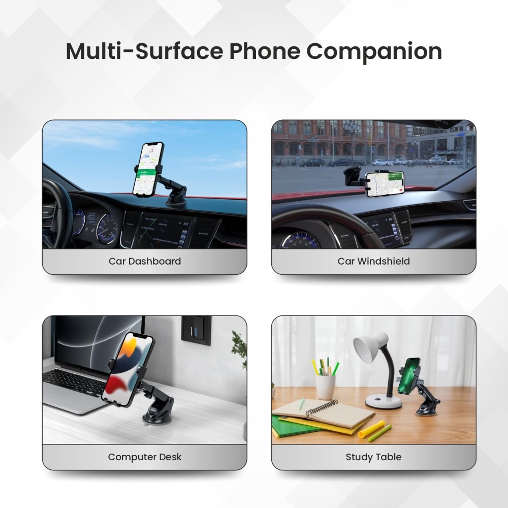 Portronics Clamp M3 Adjustable Car Mobile Phone Holder Stand with 360° Rotation, Strong Suction Cup for Dashboard & Windshield, Universal Fit for 4-6 Inch Smartphones - (Black)