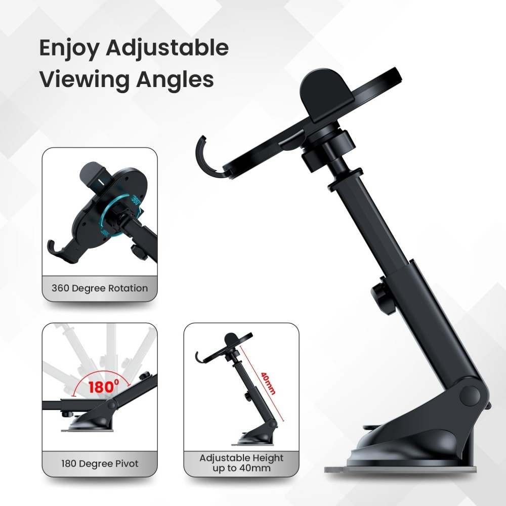 Portronics Clamp M3 Adjustable Car Mobile Phone Holder Stand with 360° Rotation, Strong Suction Cup for Dashboard & Windshield, Universal Fit for 4-6 Inch Smartphones - (Black)