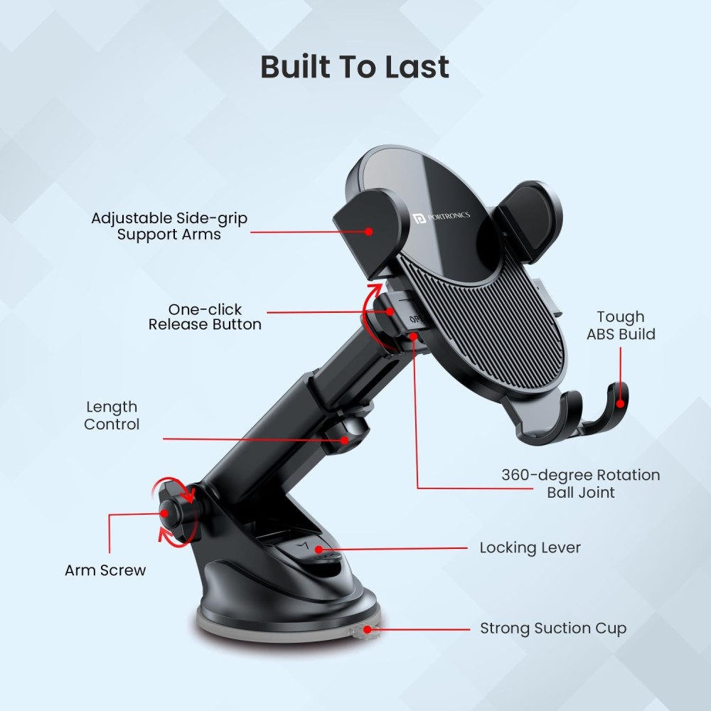 Portronics Clamp M3 Adjustable Car Mobile Phone Holder Stand with 360° Rotation, Strong Suction Cup for Dashboard & Windshield, Universal Fit for 4-6 Inch Smartphones - (Black)