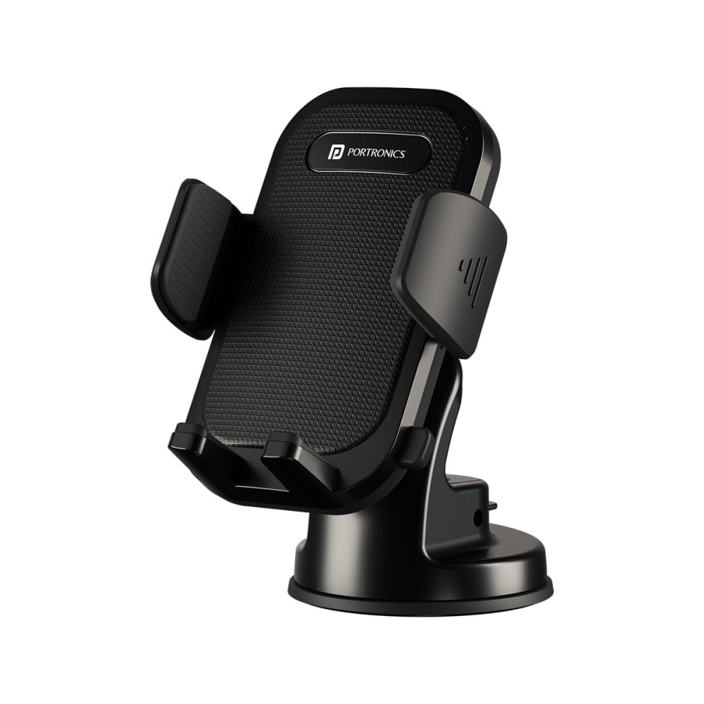 Portronics Clamp M4 Car Phone Holder Stand with 360° Rotation, Strong Suction Cup Mount, Single-Hand Operation, Shockproof Car Mobile Holder for Dashboard & Windshield – (Black)