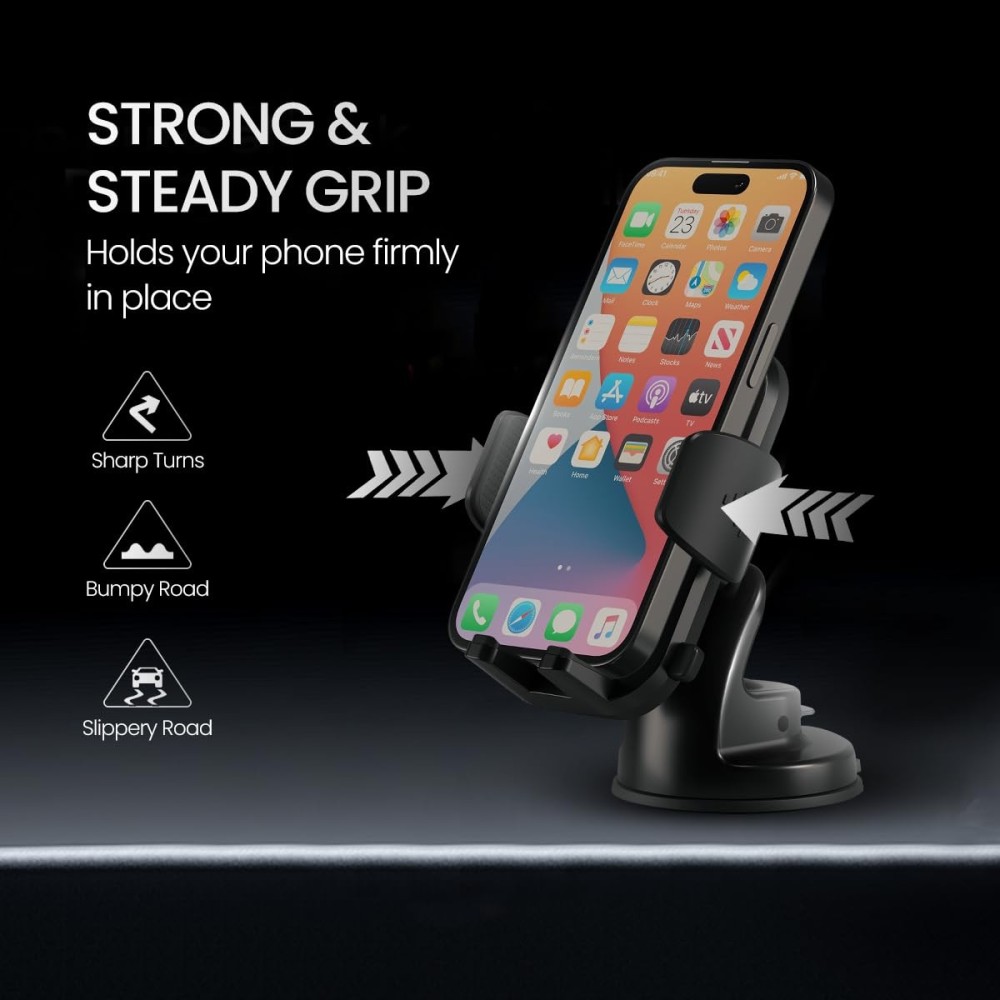 Portronics Clamp M4 Car Phone Holder Stand with 360° Rotation, Strong Suction Cup Mount, Single-Hand Operation, Shockproof Car Mobile Holder for Dashboard & Windshield – (Black)