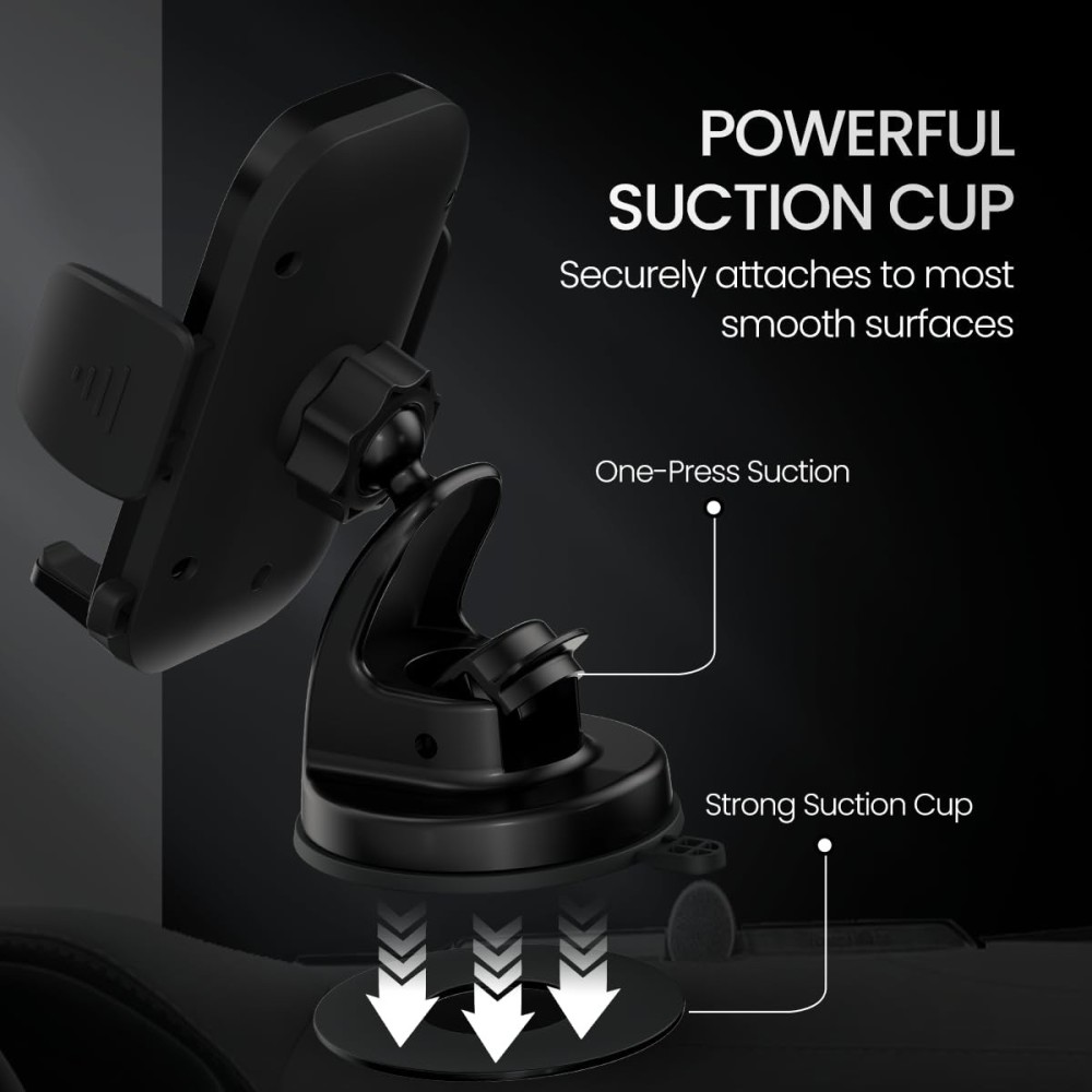 Portronics Clamp M4 Car Phone Holder Stand with 360° Rotation, Strong Suction Cup Mount, Single-Hand Operation, Shockproof Car Mobile Holder for Dashboard & Windshield – (Black)