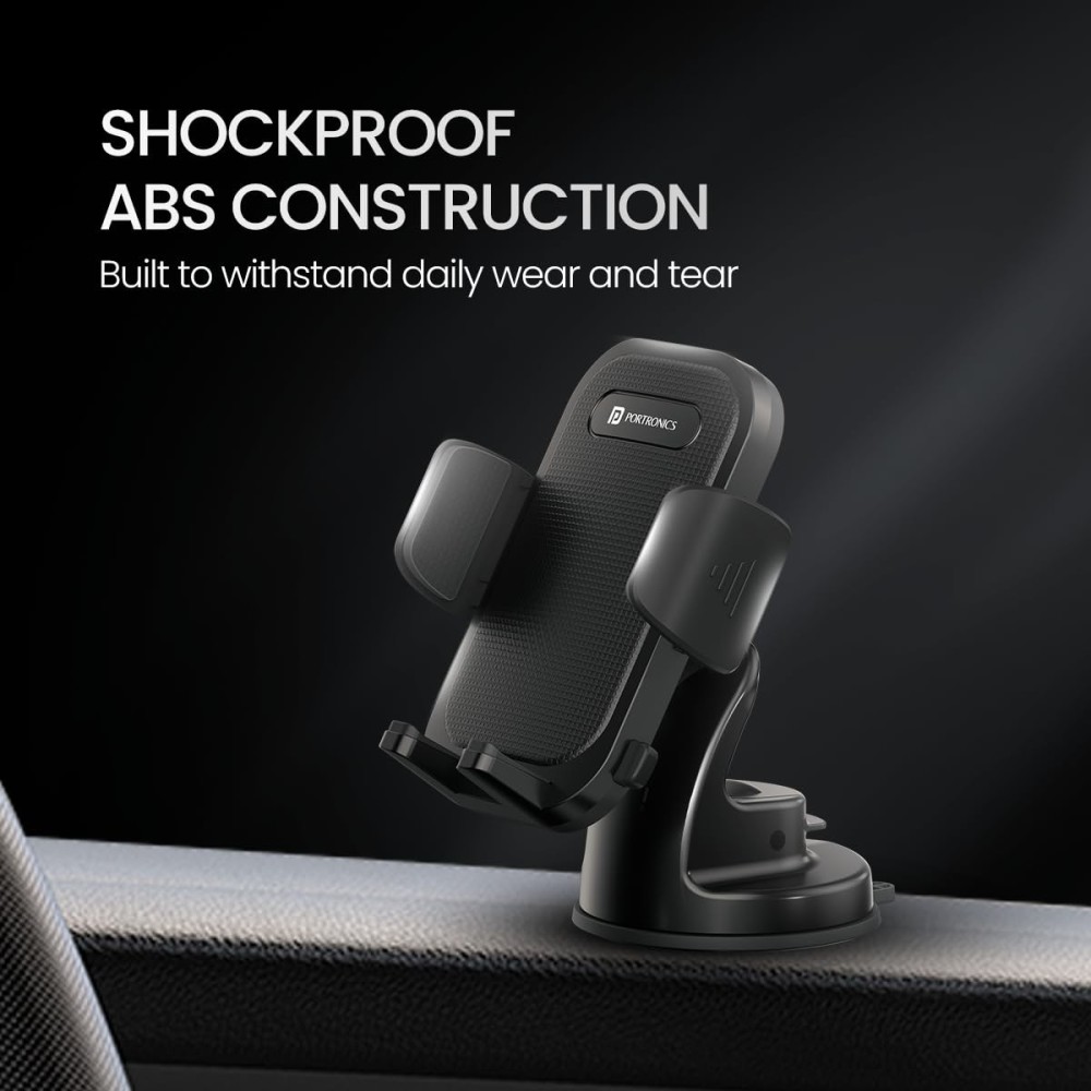 Portronics Clamp M4 Car Phone Holder Stand with 360° Rotation, Strong Suction Cup Mount, Single-Hand Operation, Shockproof Car Mobile Holder for Dashboard & Windshield – (Black)