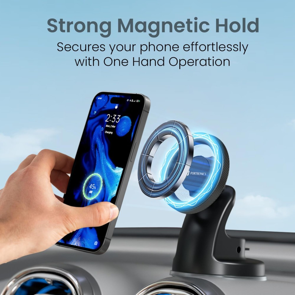 Portronics Clamp M4 Prime Magnetic Car Phone Mount with Strong Suction Cup, 360° Rotation, 90° Tilt, Windshield & Dashboard Mobile Holder for 5.4–6.7 Inch Smartphones – (Black)