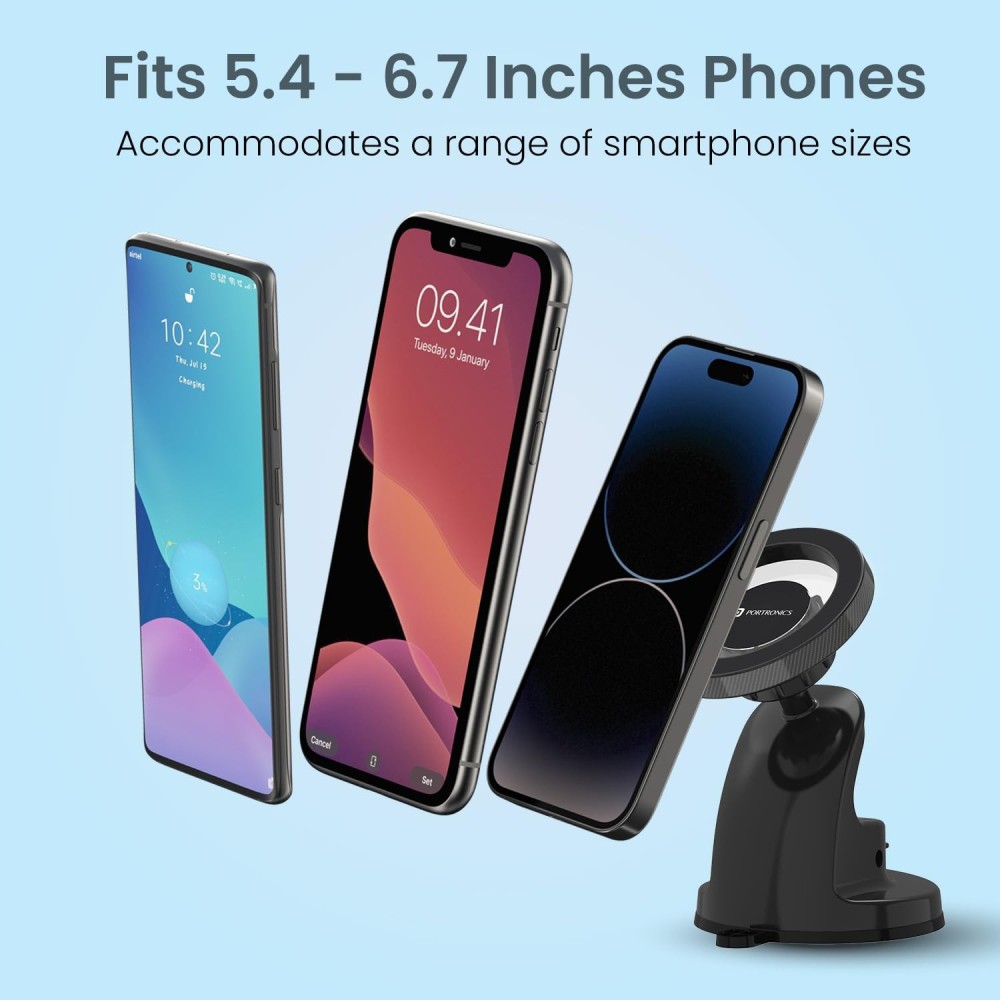 Portronics Clamp M4 Prime Magnetic Car Phone Mount with Strong Suction Cup, 360° Rotation, 90° Tilt, Windshield & Dashboard Mobile Holder for 5.4–6.7 Inch Smartphones – (Black)