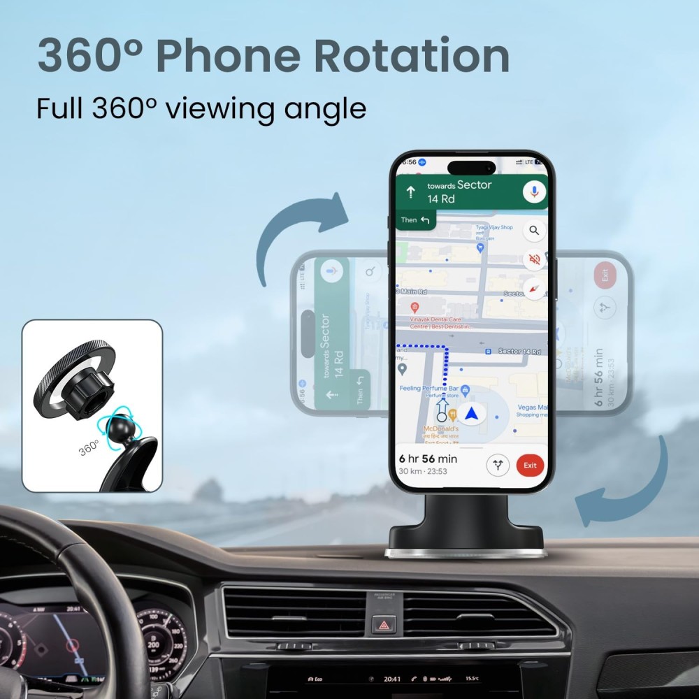 Portronics Clamp M4 Prime Magnetic Car Phone Mount with Strong Suction Cup, 360° Rotation, 90° Tilt, Windshield & Dashboard Mobile Holder for 5.4–6.7 Inch Smartphones – (Black)