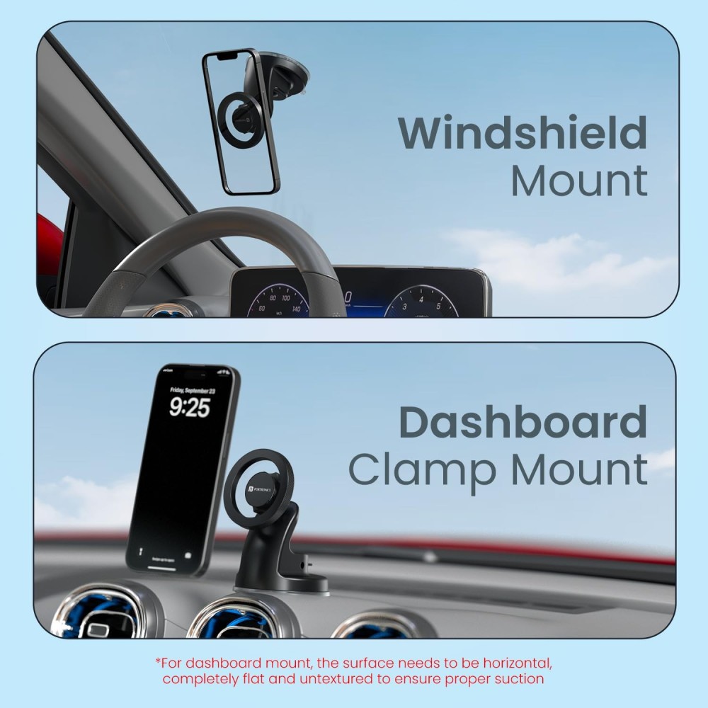 Portronics Clamp M4 Prime Magnetic Car Phone Mount with Strong Suction Cup, 360° Rotation, 90° Tilt, Windshield & Dashboard Mobile Holder for 5.4–6.7 Inch Smartphones – (Black)