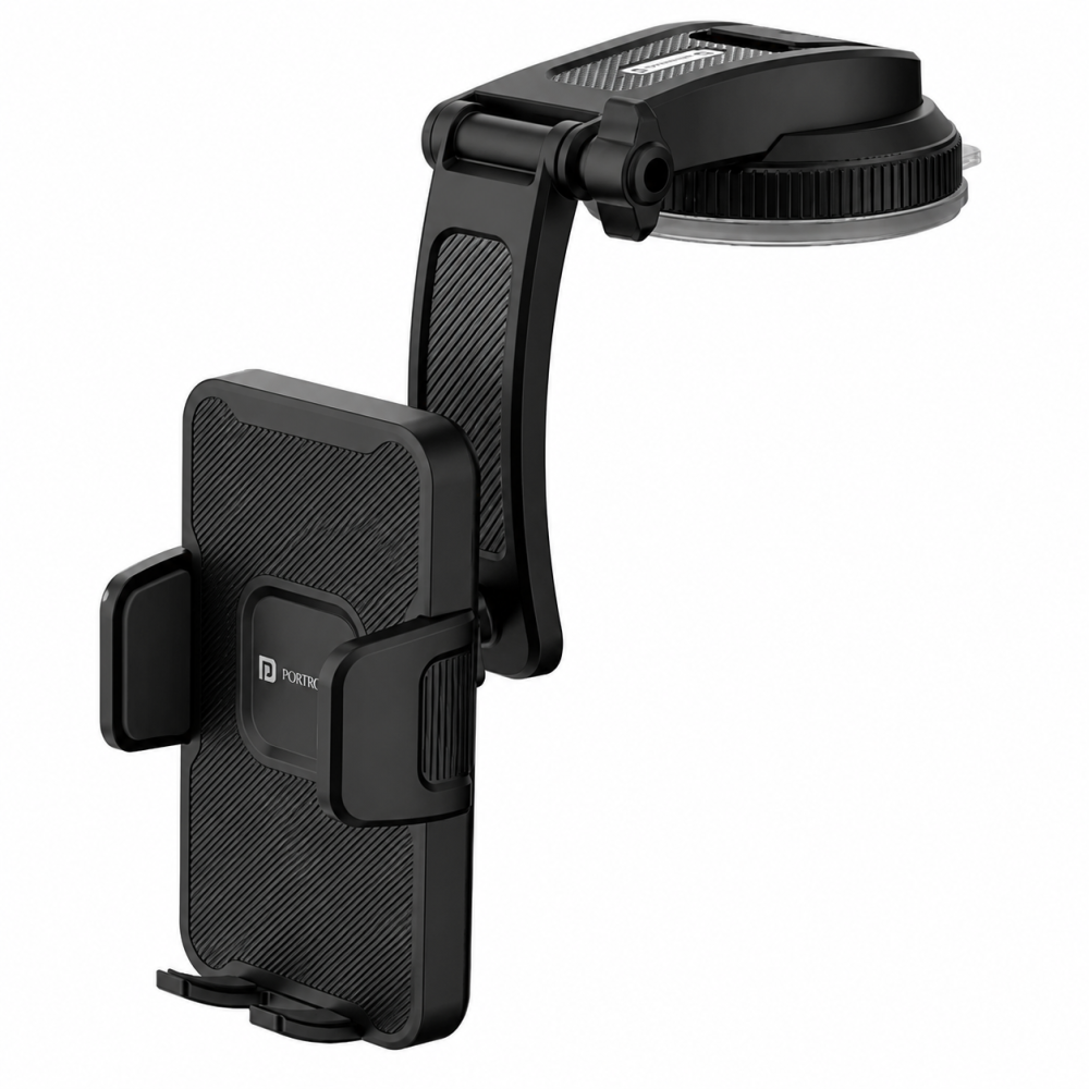 Portronics Clamp M5 Car Phone Holder Stand with Grip Rotation, Strong Suction Cup Mount, Single-Hand Operation, Shockproof Mobile Holder for Car Dashboard & Windshield - (Black)