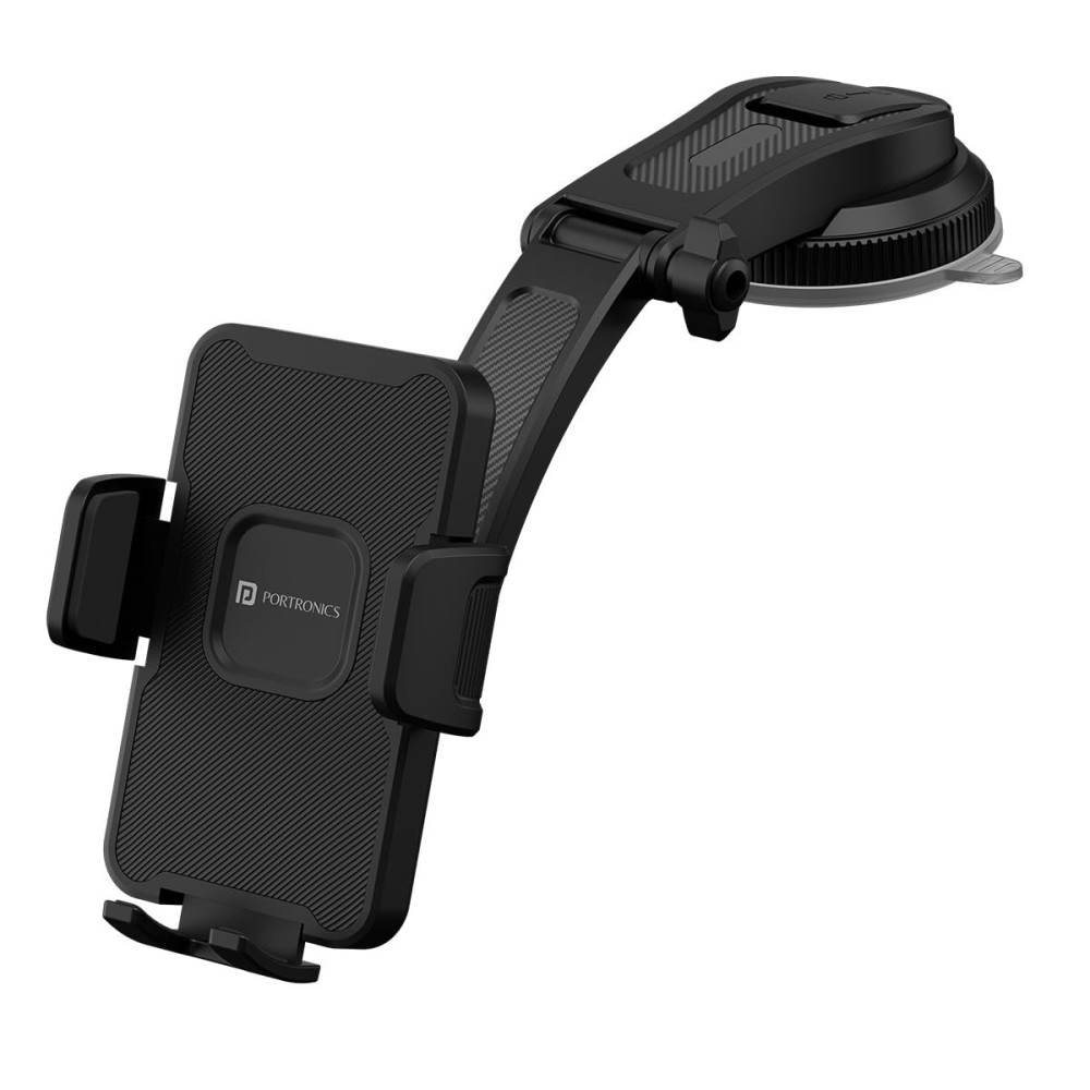 Portronics Clamp M5 Car Phone Holder Stand with Grip Rotation, Strong Suction Cup Mount, Single-Hand Operation, Shockproof Mobile Holder for Car Dashboard & Windshield - (Black)