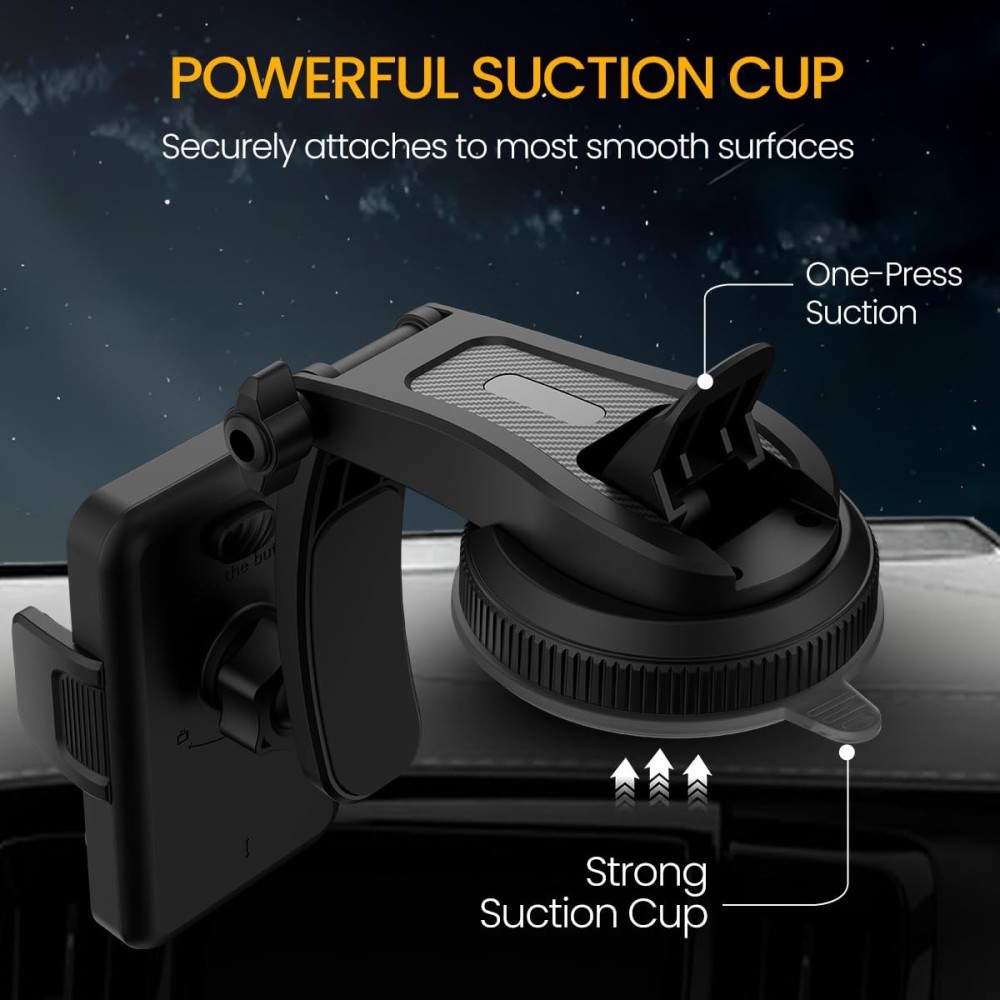 Portronics Clamp M5 Car Phone Holder Stand with Grip Rotation, Strong Suction Cup Mount, Single-Hand Operation, Shockproof Mobile Holder for Car Dashboard & Windshield - (Black)