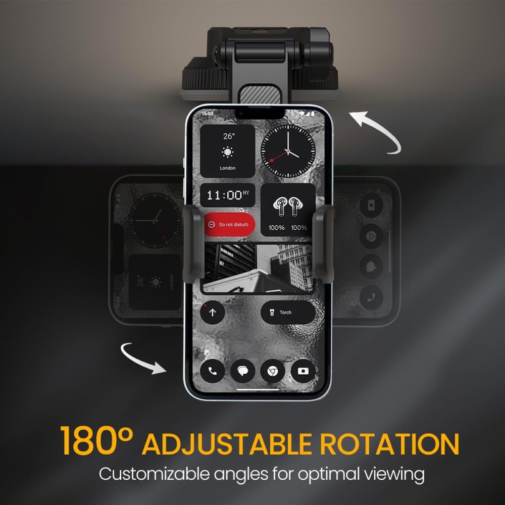 Portronics Clamp M5 Car Phone Holder Stand with Grip Rotation, Strong Suction Cup Mount, Single-Hand Operation, Shockproof Mobile Holder for Car Dashboard & Windshield - (Black)