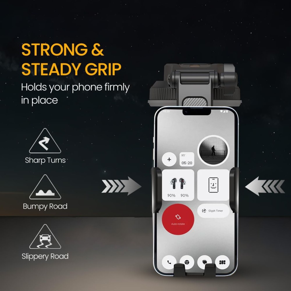 Portronics Clamp M5 Car Phone Holder Stand with Grip Rotation, Strong Suction Cup Mount, Single-Hand Operation, Shockproof Mobile Holder for Car Dashboard & Windshield - (Black)