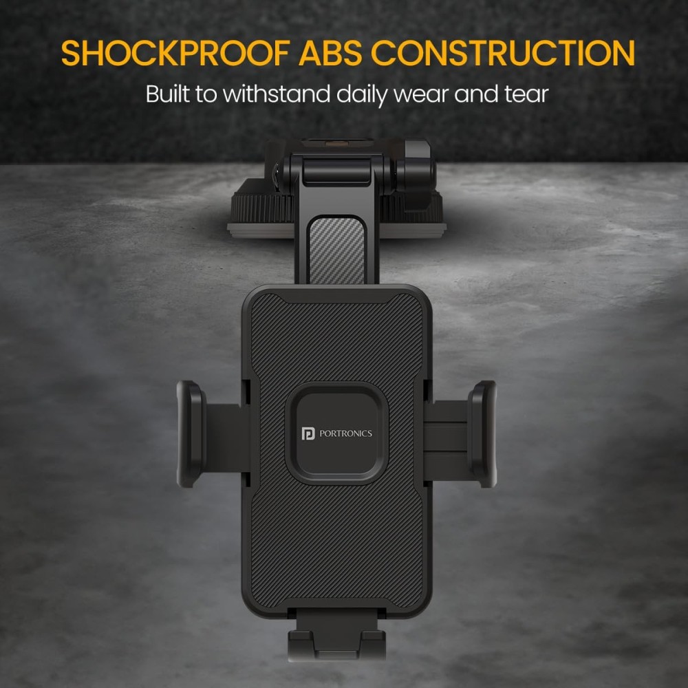 Portronics Clamp M5 Car Phone Holder Stand with Grip Rotation, Strong Suction Cup Mount, Single-Hand Operation, Shockproof Mobile Holder for Car Dashboard & Windshield - (Black)