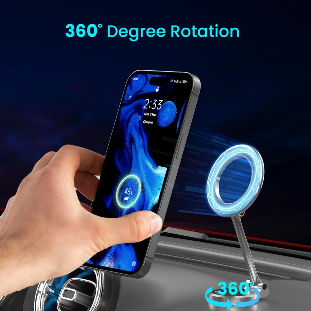 Portronics Mogun 3 Magnetic Car Phone Holder with 360° Rotation, Adjustable Height & Angle, Strong Magnetic Grip, 180° Pivot, Adhesive Dashboard Mount, Metal Alloy Build for Smartphones - (Si