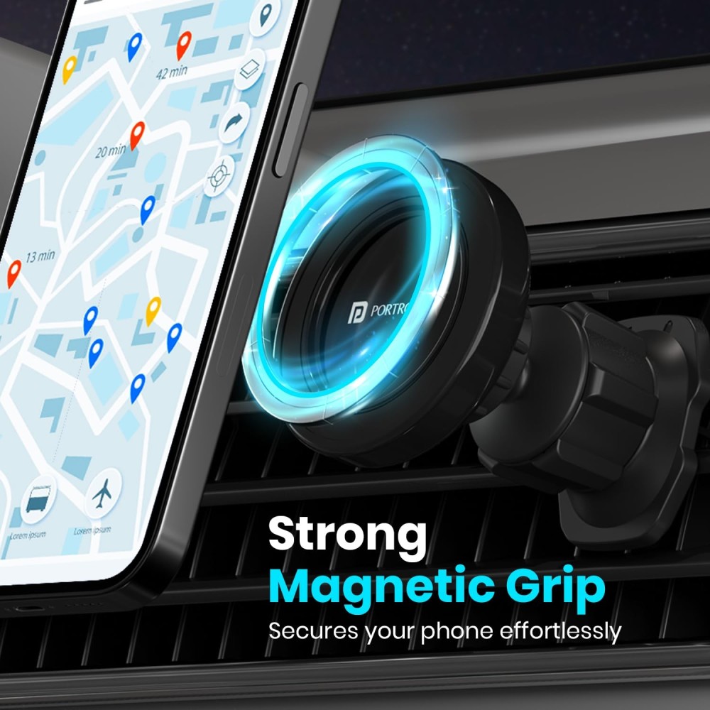 Portronics Mogun 4 Magnetic Car Phone Holder Stand with Strong Magnetic Grip, 360° Rotation, AC Vent Mount, Shockproof Mobile Car Mount for Smartphones - (Black)