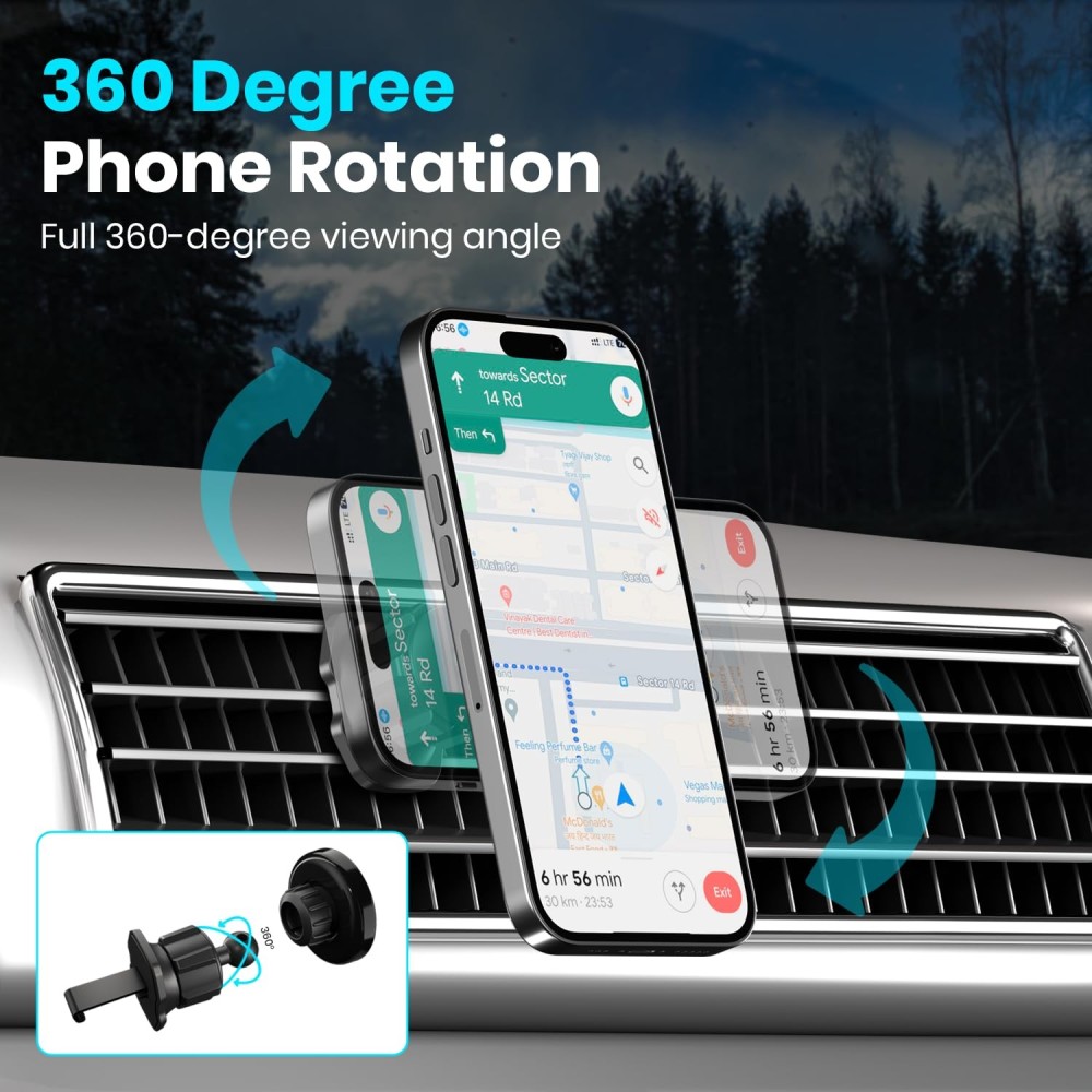 Portronics Mogun 4 Magnetic Car Phone Holder Stand with Strong Magnetic Grip, 360° Rotation, AC Vent Mount, Shockproof Mobile Car Mount for Smartphones - (Black)