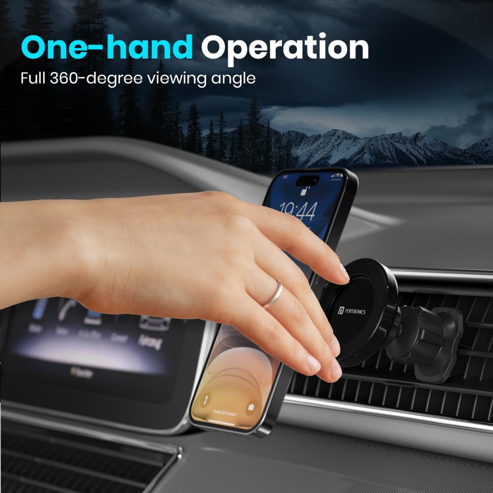 Portronics Mogun 4 Magnetic Car Phone Holder Stand with Strong Magnetic Grip, 360° Rotation, AC Vent Mount, Shockproof Mobile Car Mount for Smartphones - (Black)