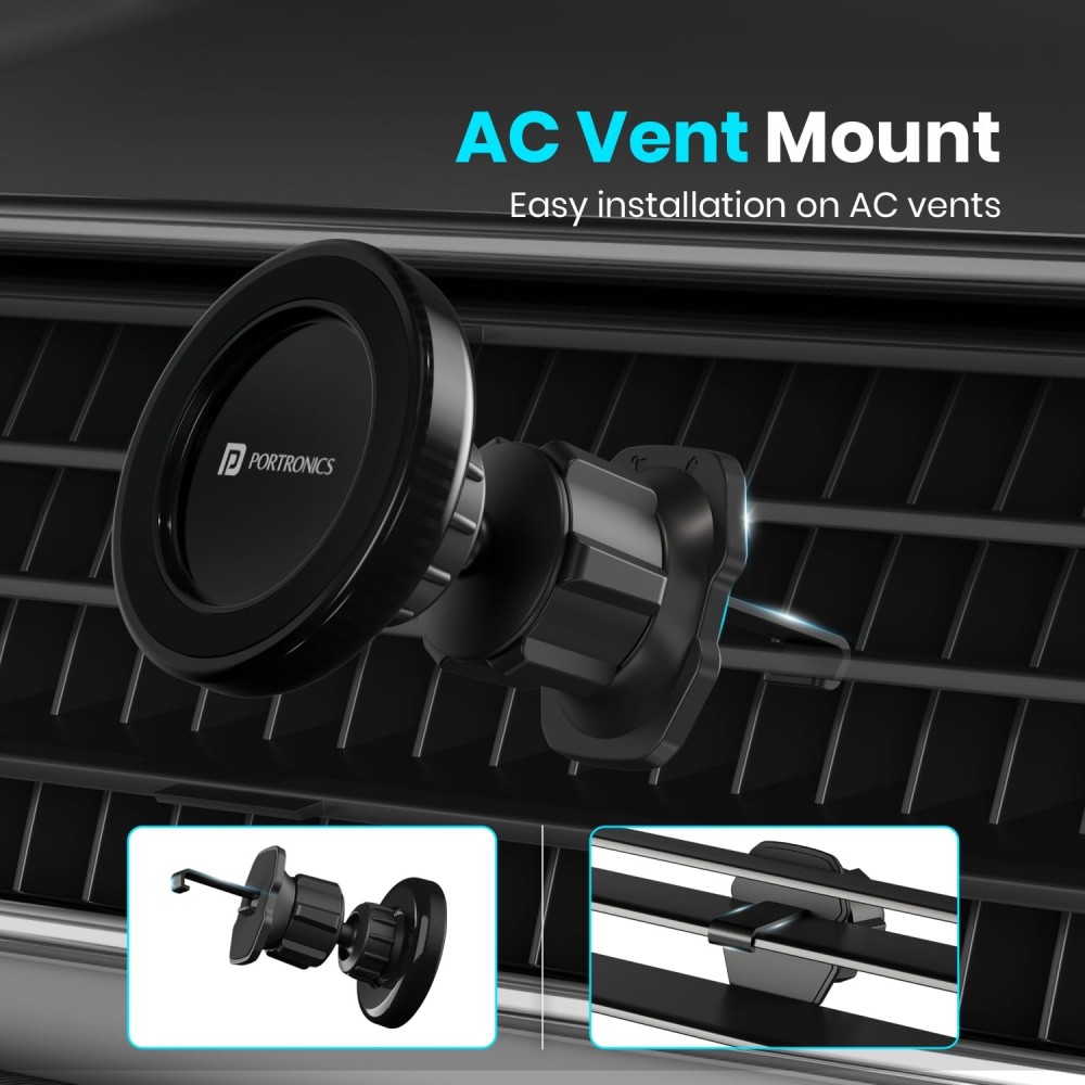 Portronics Mogun 4 Magnetic Car Phone Holder Stand with Strong Magnetic Grip, 360° Rotation, AC Vent Mount, Shockproof Mobile Car Mount for Smartphones - (Black)