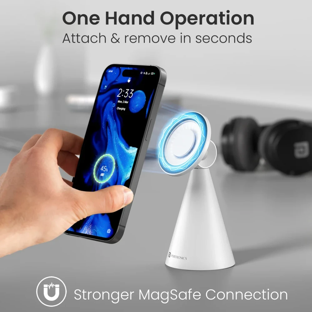Portronics Mogun 5 MagSafe Magnetic Phone Holder Stand with 360° Rotation & 180° Pivot, Universal Desk Mobile Holder, Strong Magnetic Grip, Sturdy Build - (White)
