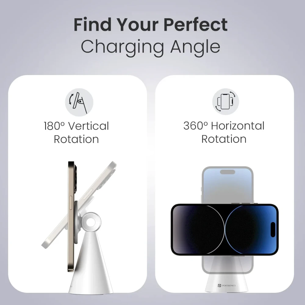 Portronics Mogun 5 MagSafe Magnetic Phone Holder Stand with 360° Rotation & 180° Pivot, Universal Desk Mobile Holder, Strong Magnetic Grip, Sturdy Build - (White)