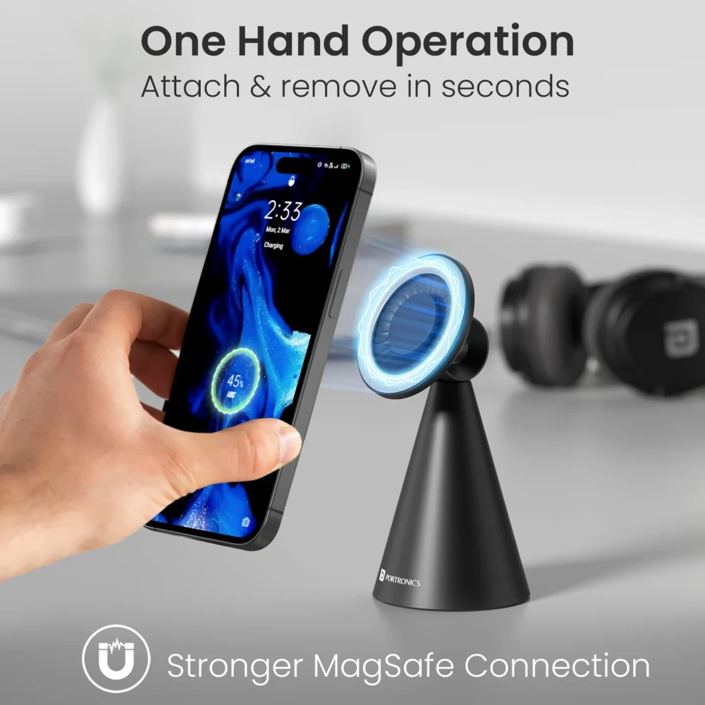 Portronics Mogun 5 MagSafe Magnetic Phone Holder Stand with 360° Rotation & 180° Pivot, Universal Desk Mobile Holder, Strong Magnetic Grip, Sturdy Build - (Black)