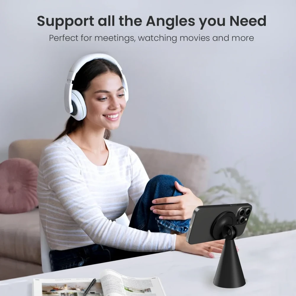 Portronics Mogun 5 MagSafe Magnetic Phone Holder Stand with 360° Rotation & 180° Pivot, Universal Desk Mobile Holder, Strong Magnetic Grip, Sturdy Build - (Black)