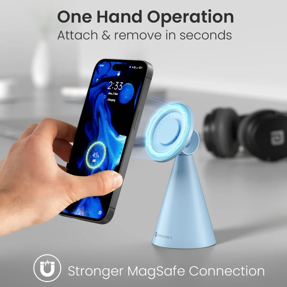 Portronics Mogun 5 MagSafe Magnetic Phone Holder Stand with 360° Rotation & 180° Pivot, Universal Desk Mobile Holder, Strong Magnetic Grip, Sturdy Build - (Blue)
