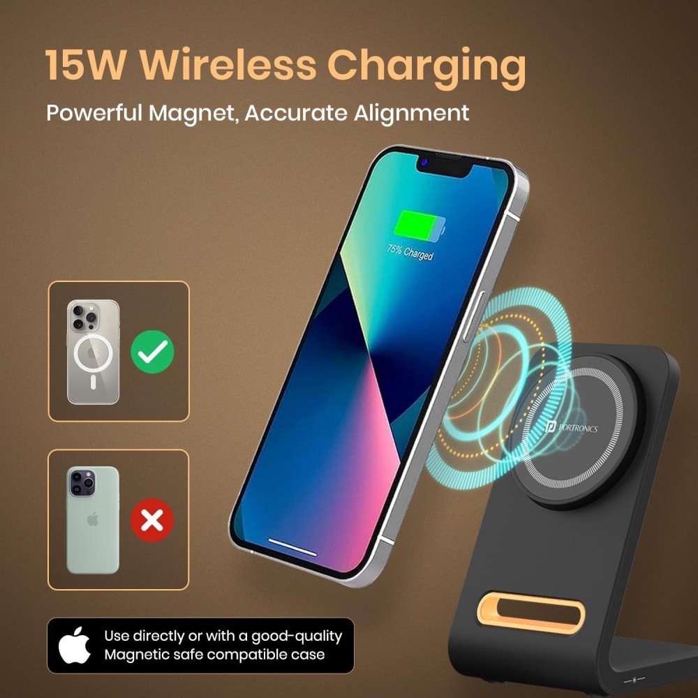 Portronics Flux 15W Qi2 Wireless Charger with MagSafe Compatibility for iPhone 16/15/14/13/12 Series, Fast Charging Pad - (Black)