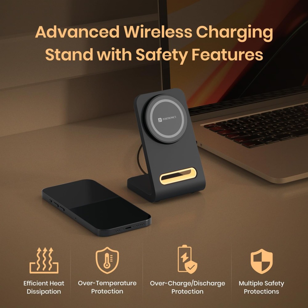 Portronics Flux 15W Qi2 Wireless Charger with MagSafe Compatibility for iPhone 16/15/14/13/12 Series, Fast Charging Pad - (Black)
