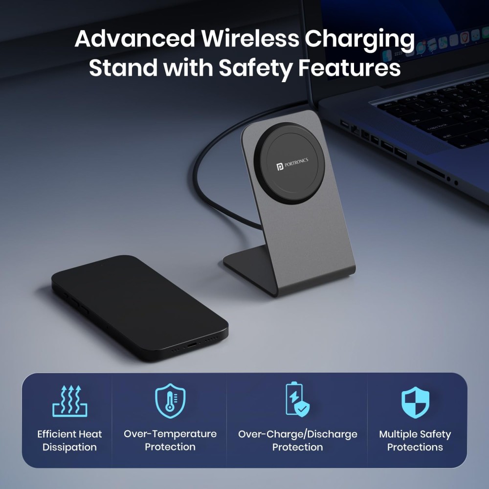 Portronics Flux 2 15W Qi2 Certified Fast Wireless Charger with MagSafe Compatibility for iPhone 16/15/14/13/12 Series - (Black)