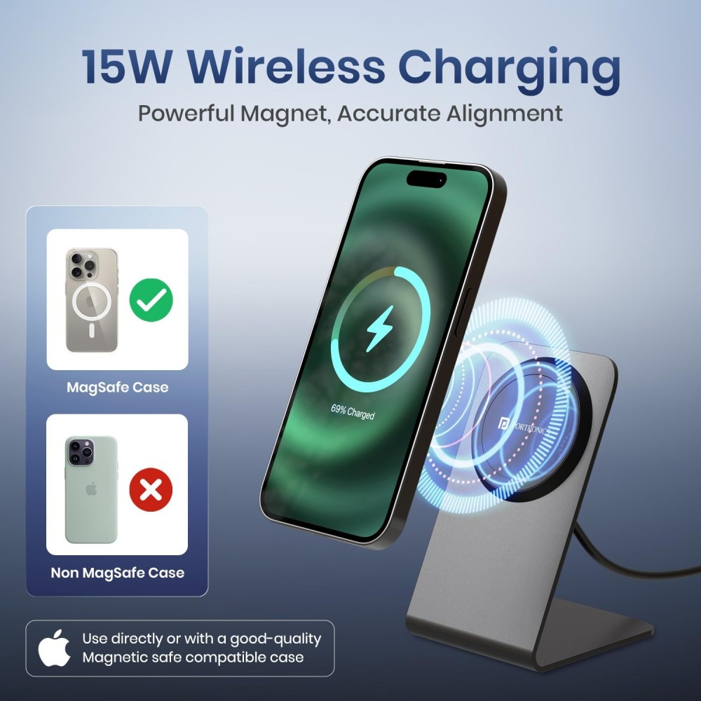 Portronics Flux 2 15W Qi2 Certified Fast Wireless Charger with MagSafe Compatibility for iPhone 16/15/14/13/12 Series - (Black)