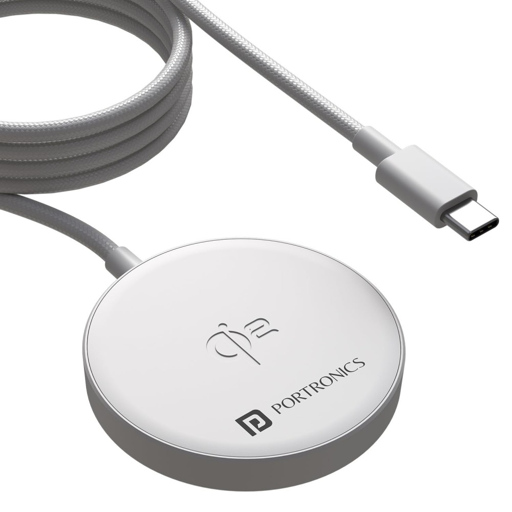 Portronics Quikk 15W Qi2 Certified Magnetic Wireless Charger for iPhone 16, 15, 14, 13, 12 Series & Qi-Enabled Smartphones, Fast Charging Pad - (White)