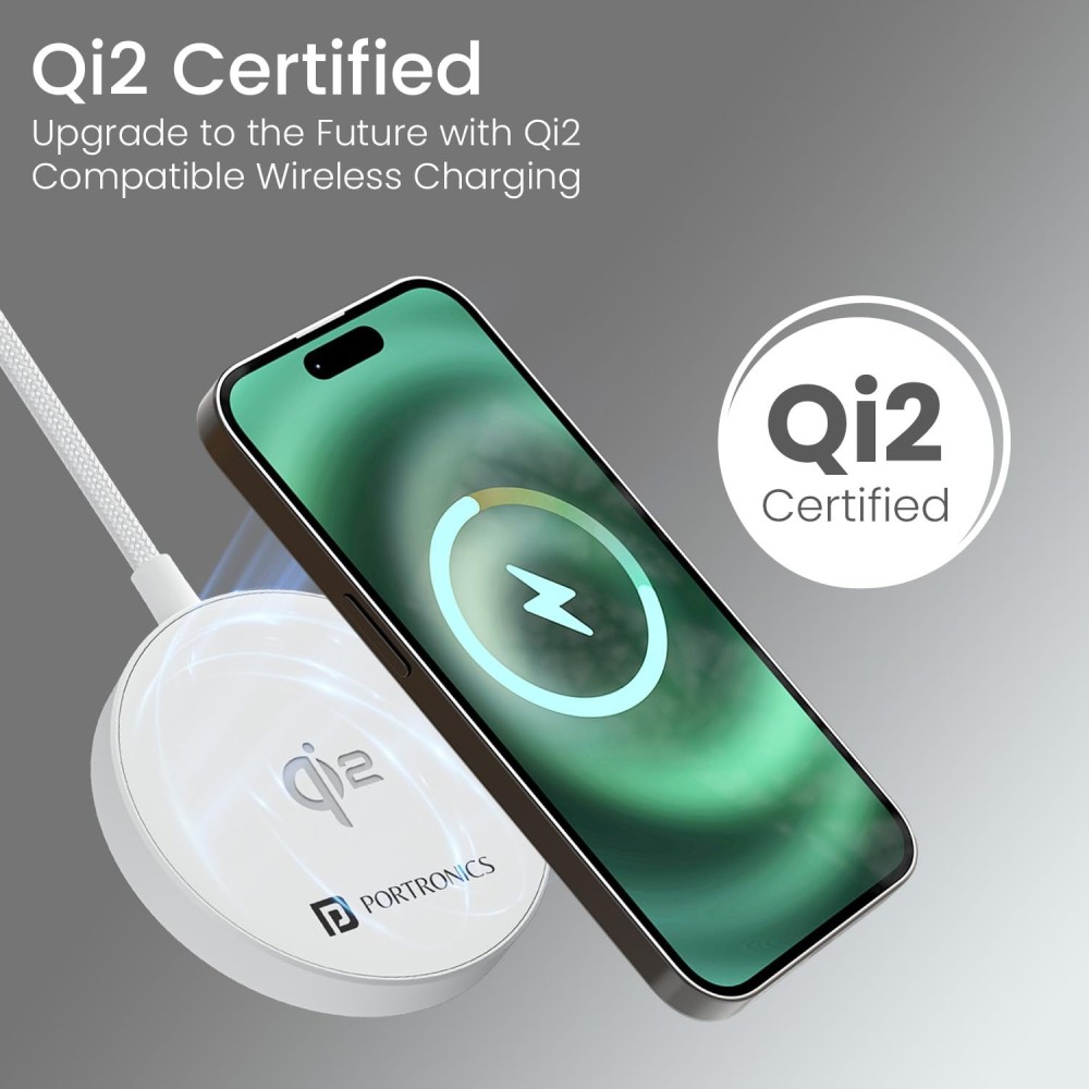 Portronics Quikk 15W Qi2 Certified Magnetic Wireless Charger for iPhone 16, 15, 14, 13, 12 Series & Qi-Enabled Smartphones, Fast Charging Pad - (White)