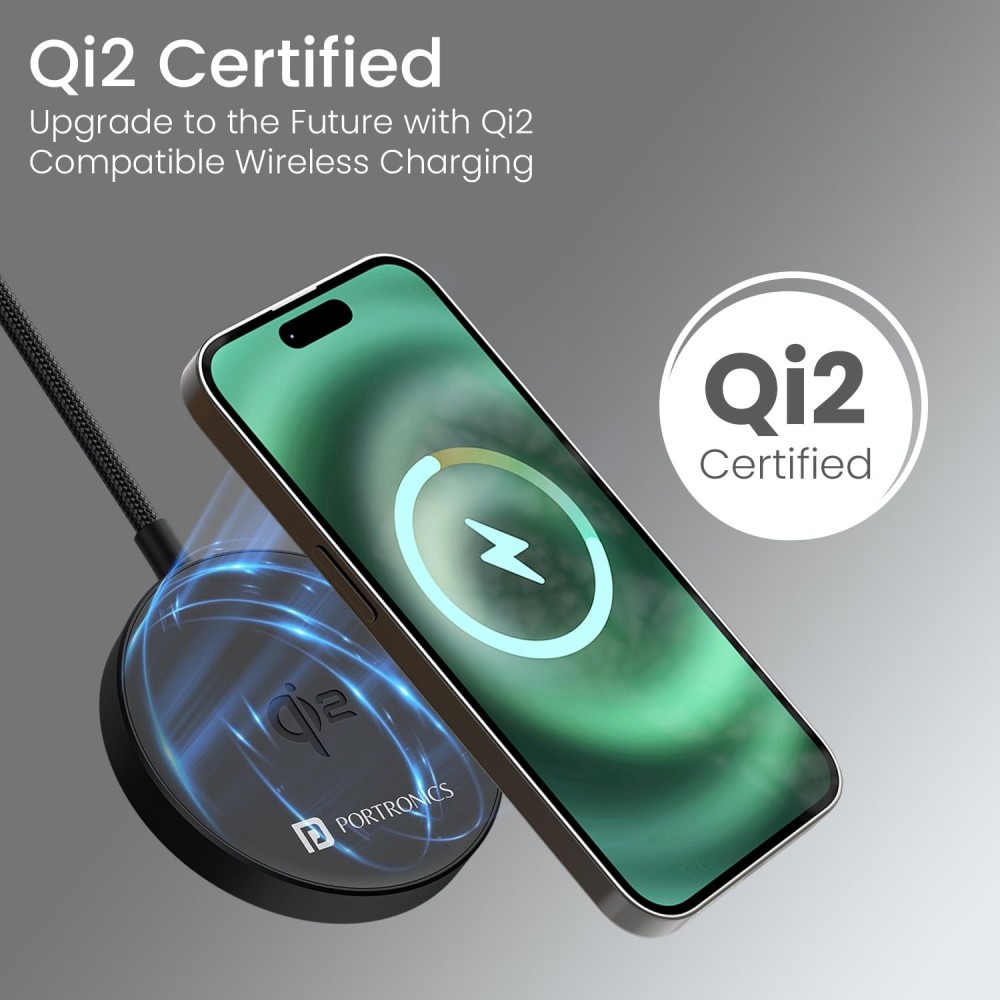 Portronics Quikk 15W Qi2 Certified Magnetic Wireless Charger for iPhone 16, 15, 14, 13, 12 Series & Qi-Enabled Smartphones, Fast Charging Pad - (Black)