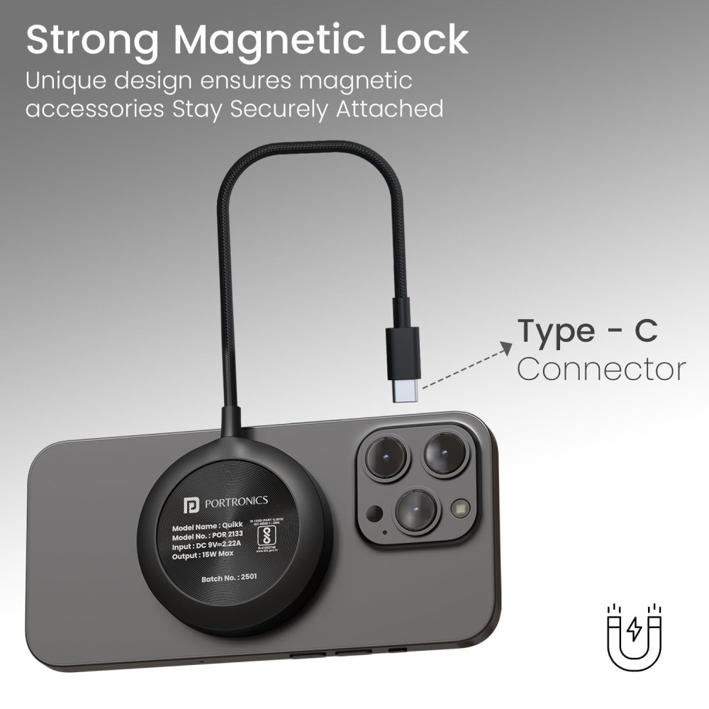 Portronics Quikk 15W Qi2 Certified Magnetic Wireless Charger for iPhone 16, 15, 14, 13, 12 Series & Qi-Enabled Smartphones, Fast Charging Pad - (Black)