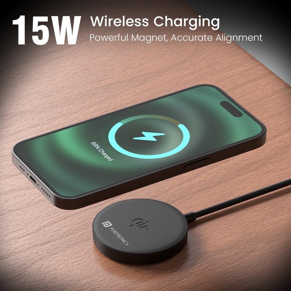 Portronics Quikk 15W Qi2 Certified Magnetic Wireless Charger for iPhone 16, 15, 14, 13, 12 Series & Qi-Enabled Smartphones, Fast Charging Pad - (Black)