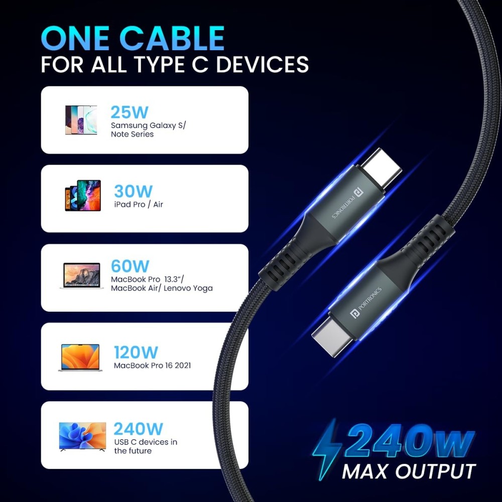 Portronics Konnect 240C Type-C to Type-C Fast Charging Cable (2 Meter, 240W)