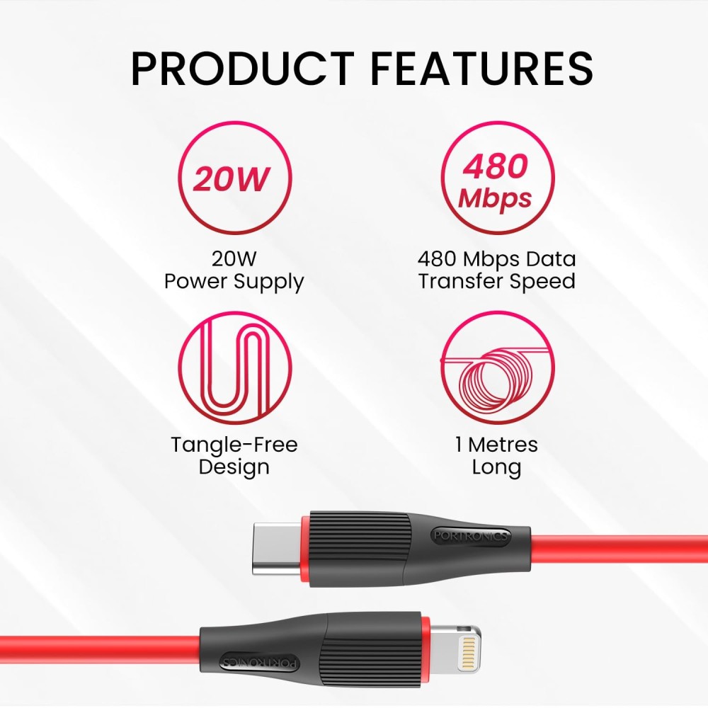 Portronics SilkLink 20W Type-C to 8-Pin Fast Charging Cable (1M, Red)