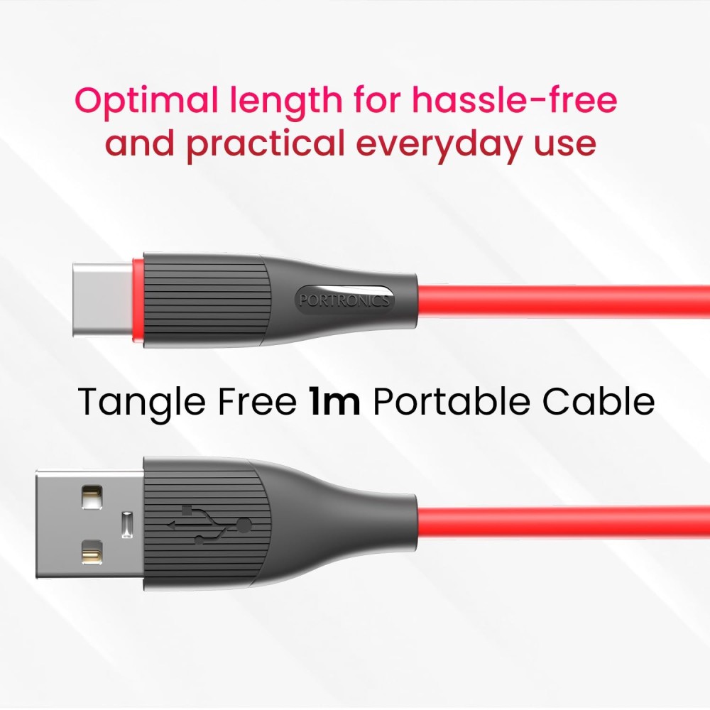Portronics Silklink 3A USB to Type-C Fast Charging Cable (1 Meter, Red)