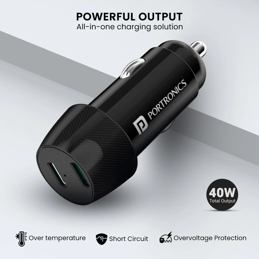 Portronics Car Power 14 40W Turbo Car Charger with Fast Charging USB Ports for Smartphones & Tablets - (Black)