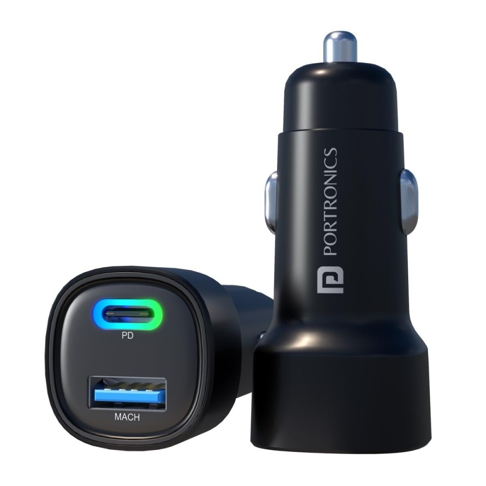 Portronics Car Power 30 Dual Output 30W Fast Car Charger with USB-C PD & USB, LED Indicator, Car Charging Adapter for iPhone, Android Smartphones & Smartwatch – (Black)