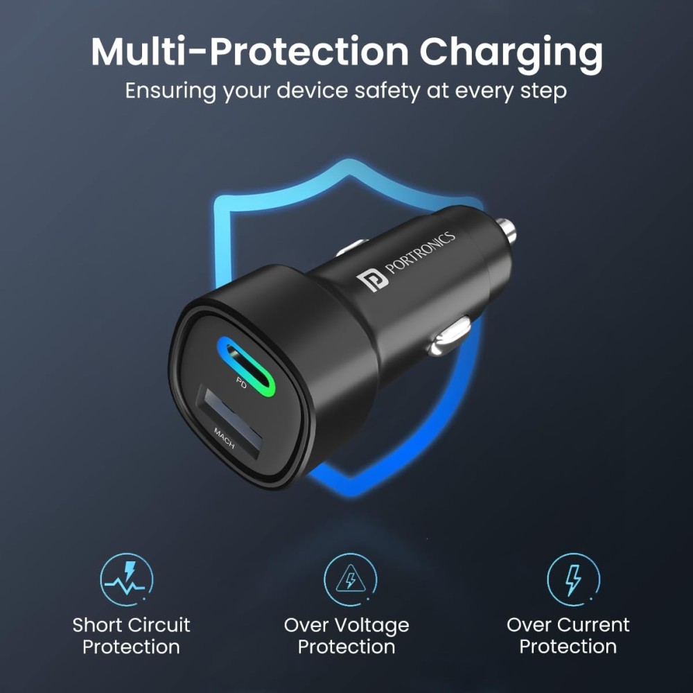Portronics Car Power 30 Dual Output 30W Fast Car Charger with USB-C PD & USB, LED Indicator, Car Charging Adapter for iPhone, Android Smartphones & Smartwatch – (Black)