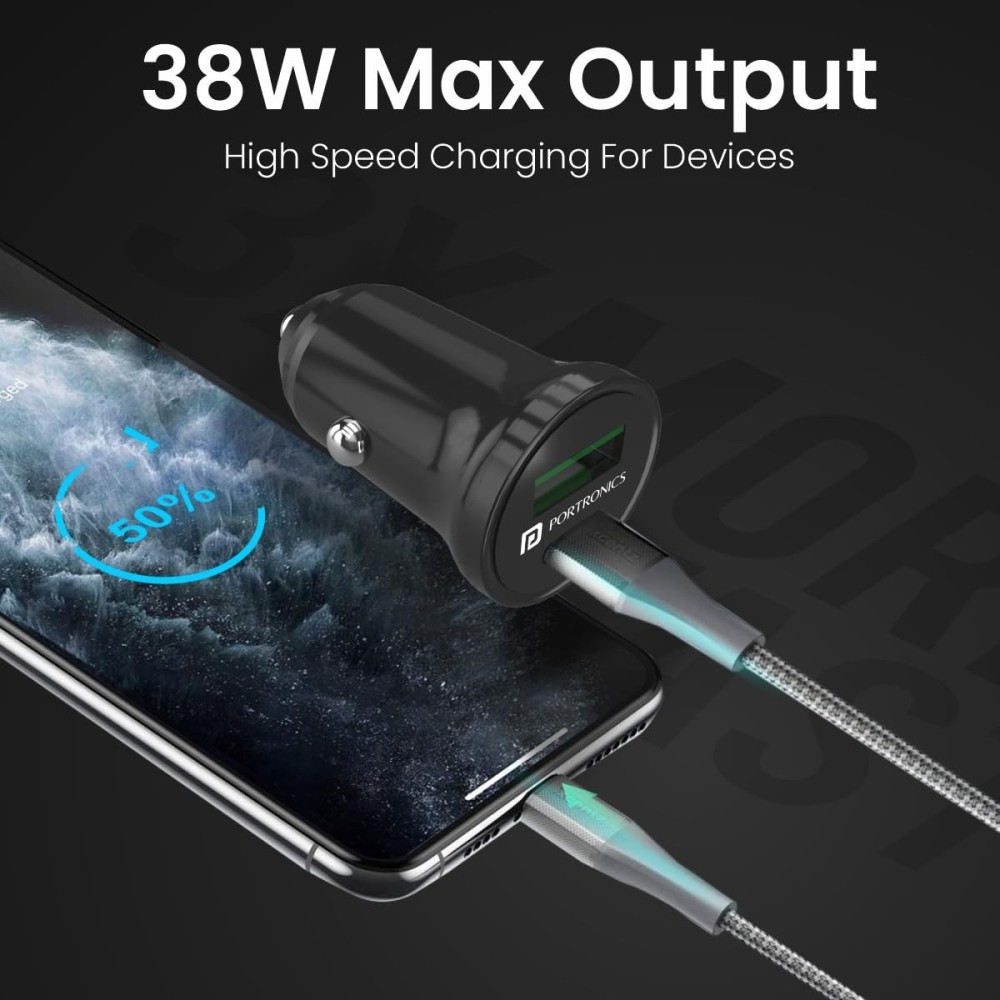 Portronics Car Power Mini 38W Dual Output Fast Car Charger with 20W USB-C PD & 18W USB Fast Charging Adapter for iPhone, Android Smartphones, Smartwatch, Earbuds & Power Bank – (Black)