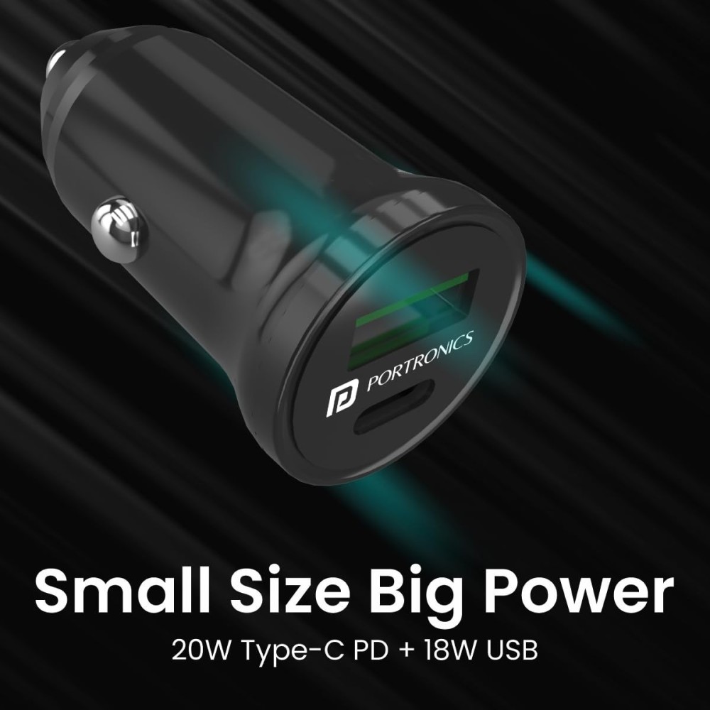 Portronics Car Power Mini 38W Dual Output Fast Car Charger with 20W USB-C PD & 18W USB Fast Charging Adapter for iPhone, Android Smartphones, Smartwatch, Earbuds & Power Bank – (Black)