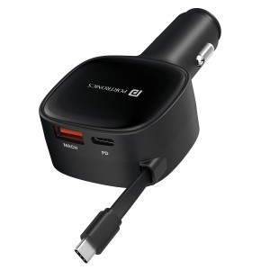 Portronics Car Power Retracto 84W 3-in-1 Car Charger with 80cm Retractable Cable, 33W Type-C PD Fast Charging & 18W USB Port for Laptop, iPhone, Android & More - (Black)