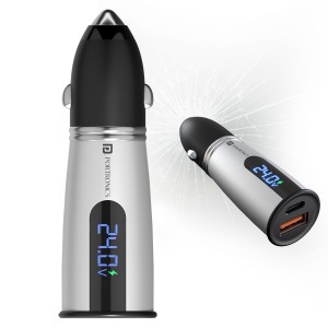 Portronics Car Power Armour 55.5W Fast Car Charger with Emergency Glass Breaker, 33W Type-C PD & 22.5W USB-A Charging Ports, LED Voltage Display, Dual Port Car Adapter for Smartphones, iPhone